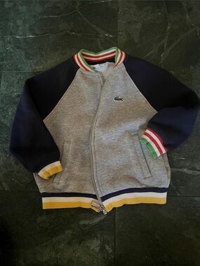 Lacoste Kids Grey and Navy Zip Jacket with Multicolor Stripe Trim